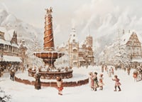 Een winterposter met een met sneeuw bedekt stadsplein en een fontein in het midden-7