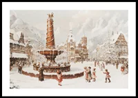 A winter poster showing a snow-covered town square and a fountain in the center-0