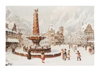 A winter poster showing a snow-covered town square and a fountain in the center-1