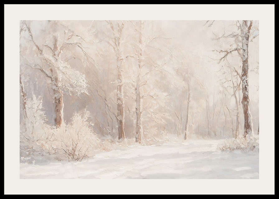 A poster depicting a frosty forest landscape in soft, dreamlike tones-12