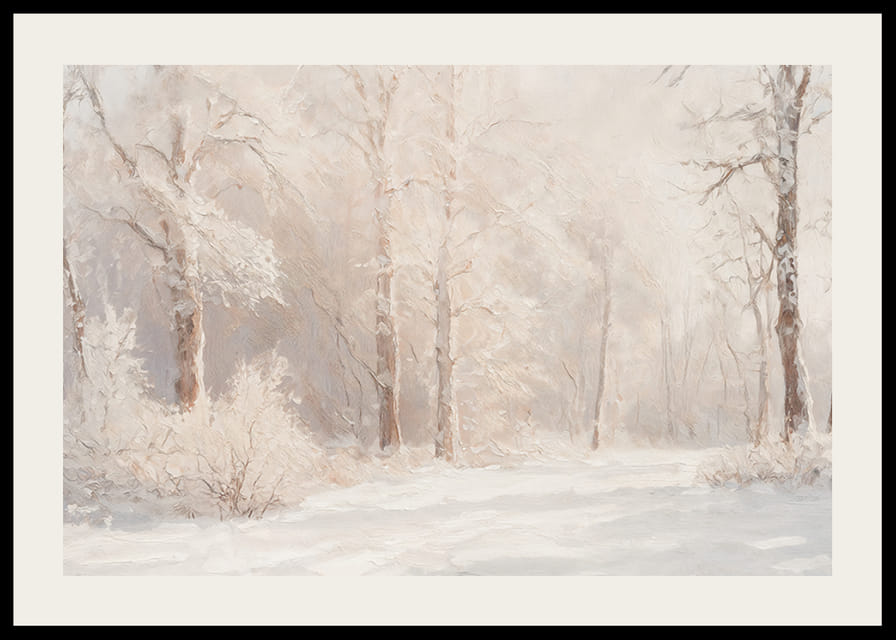 Een poster met een ijzig boslandschap in zachte, dromerige tinten-12