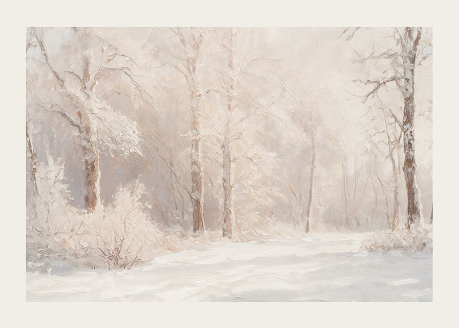A poster depicting a frosty forest landscape in soft, dreamlike tones-12