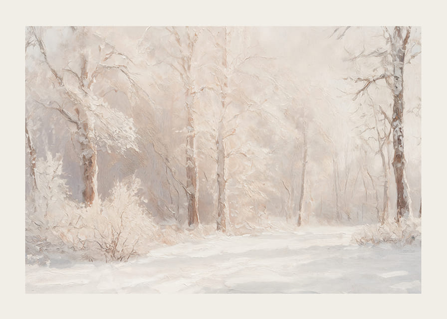 Een poster met een ijzig boslandschap in zachte, dromerige tinten-12