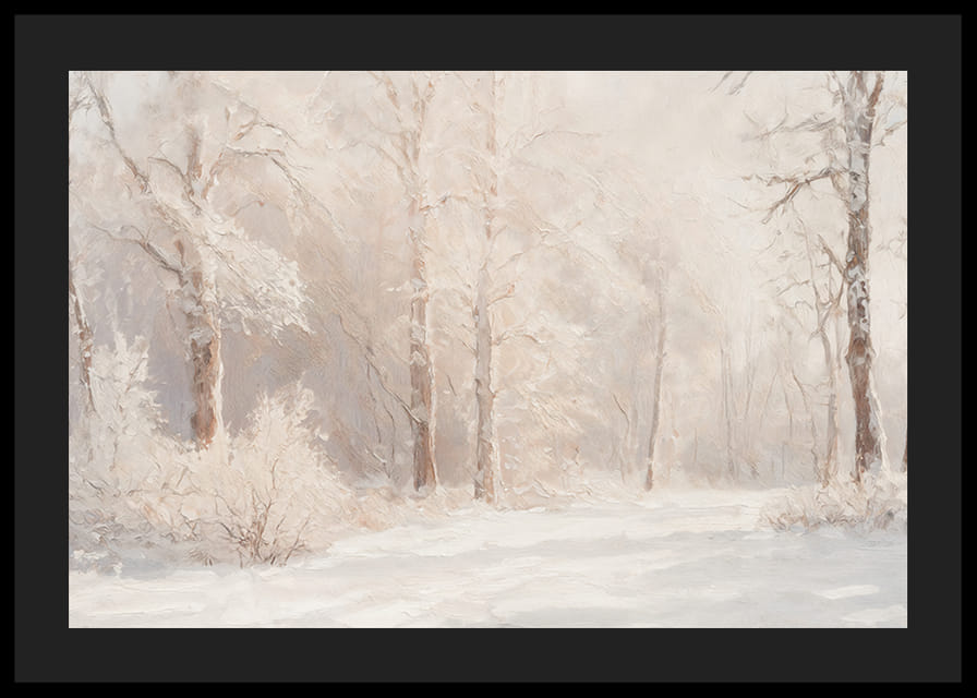 Een poster met een ijzig boslandschap in zachte, dromerige tinten-12
