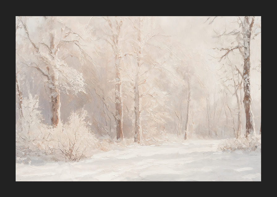 Een poster met een ijzig boslandschap in zachte, dromerige tinten-12