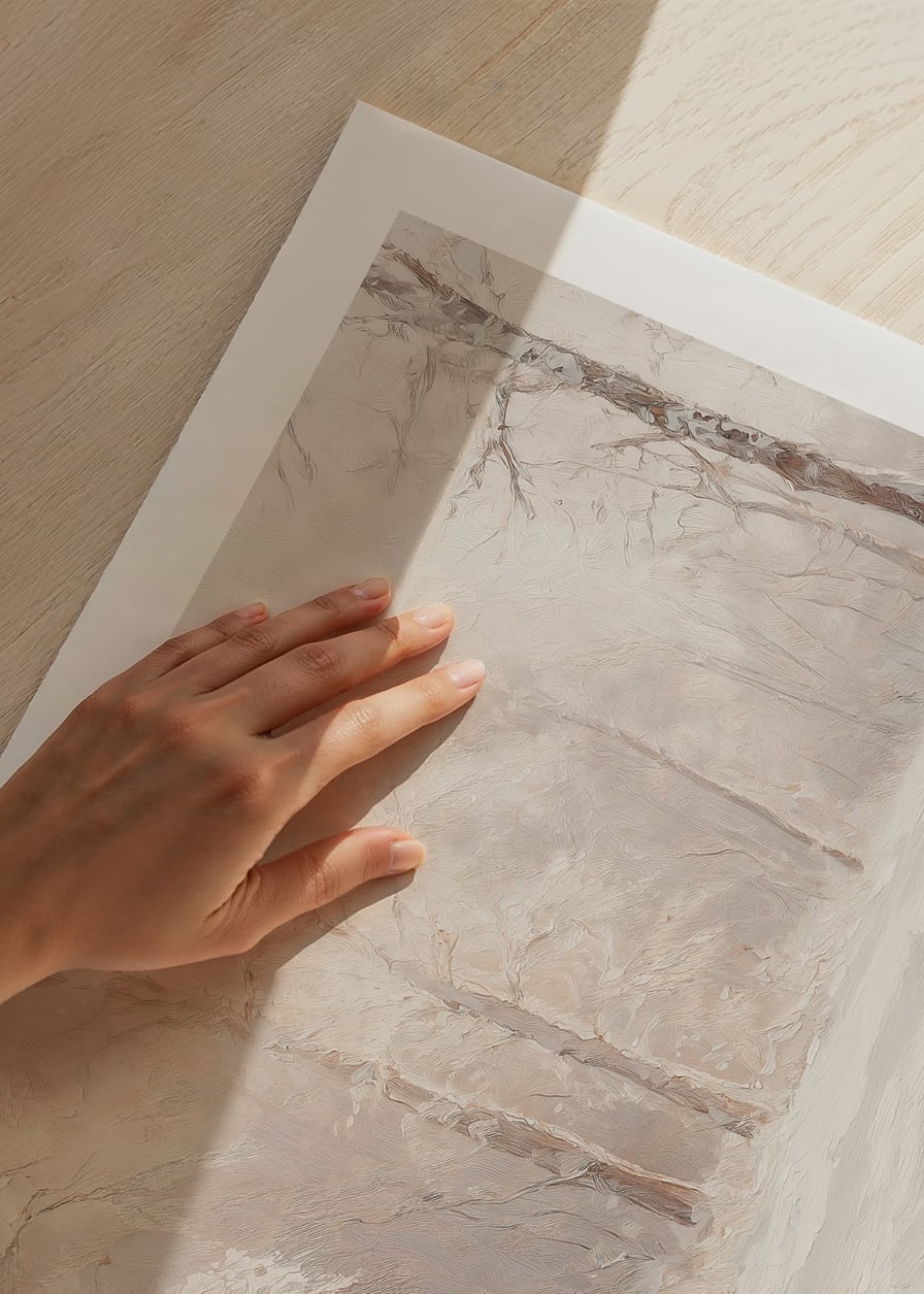 A poster depicting a frosty forest landscape in soft, dreamlike tones-12