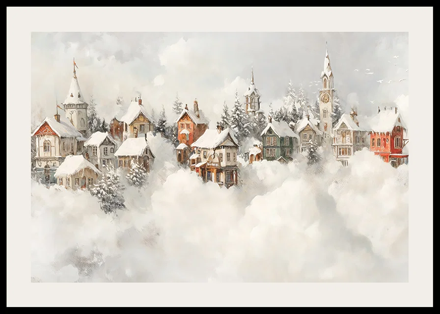 A poster of a snow-covered fairytale village that spreads Christmas magic and nostalgic winter charm-12