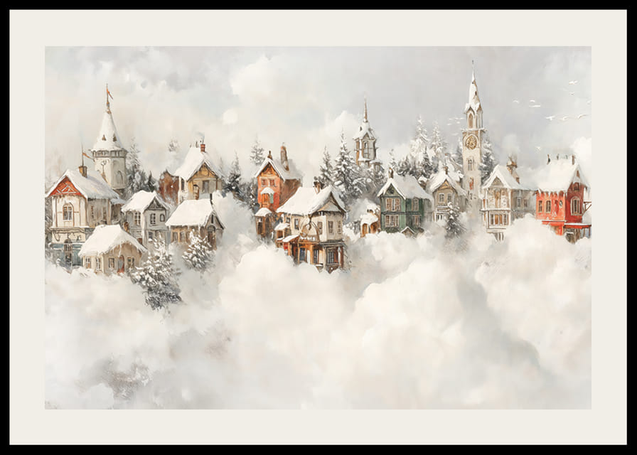 Kalėdų magiją ir nostalgišką žiemos žavesį skleidžiantis apsnigto pasakų kaimo plakatas-12