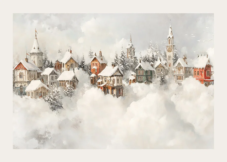 A poster of a snow-covered fairytale village that spreads Christmas magic and nostalgic winter charm-12