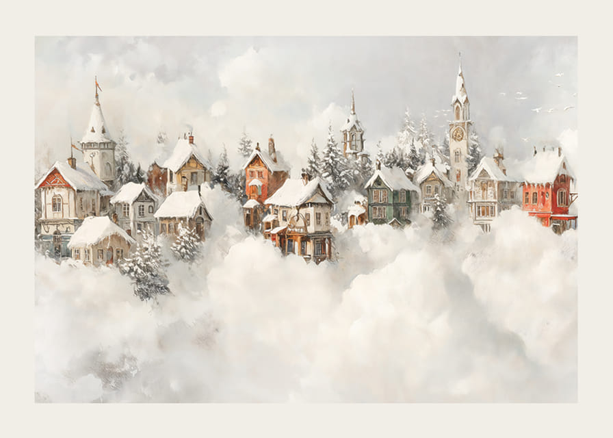 Kalėdų magiją ir nostalgišką žiemos žavesį skleidžiantis apsnigto pasakų kaimo plakatas-12