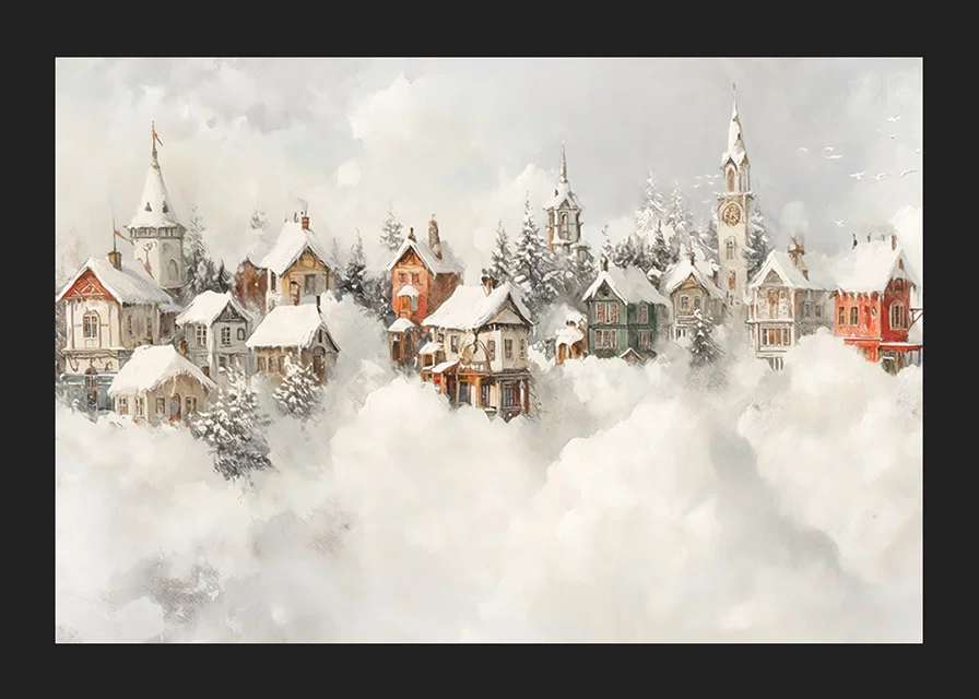 A poster of a snow-covered fairytale village that spreads Christmas magic and nostalgic winter charm-12
