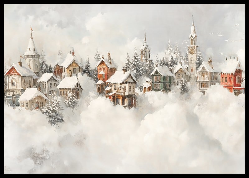 A poster of a snow-covered fairytale village that spreads Christmas magic and nostalgic winter charm-12