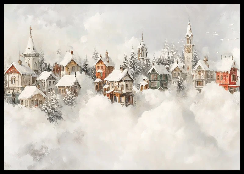 A poster of a snow-covered fairytale village that spreads Christmas magic and nostalgic winter charm-12