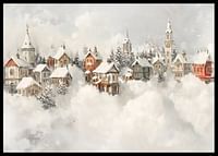 Une affiche représentant un village de conte de fées enneigé qui répand la magie de Noël et le charme nostalgique de l'hiver-2