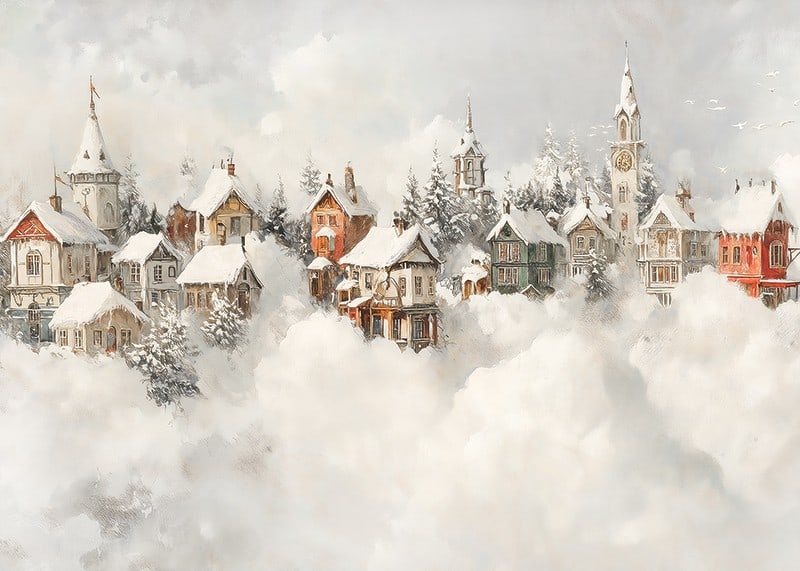 A poster of a snow-covered fairytale village that spreads Christmas magic and nostalgic winter charm-12
