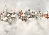 Une affiche représentant un village de conte de fées enneigé qui répand la magie de Noël et le charme nostalgique de l'hiver-3