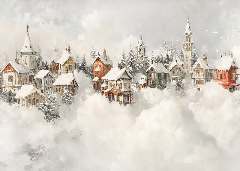 Une affiche représentant un village de conte de fées enneigé qui répand la magie de Noël et le charme nostalgique de l'hiver-12