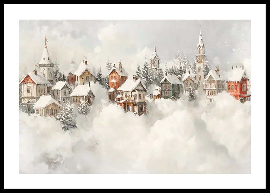 A poster of a snow-covered fairytale village that spreads Christmas magic and nostalgic winter charm-12