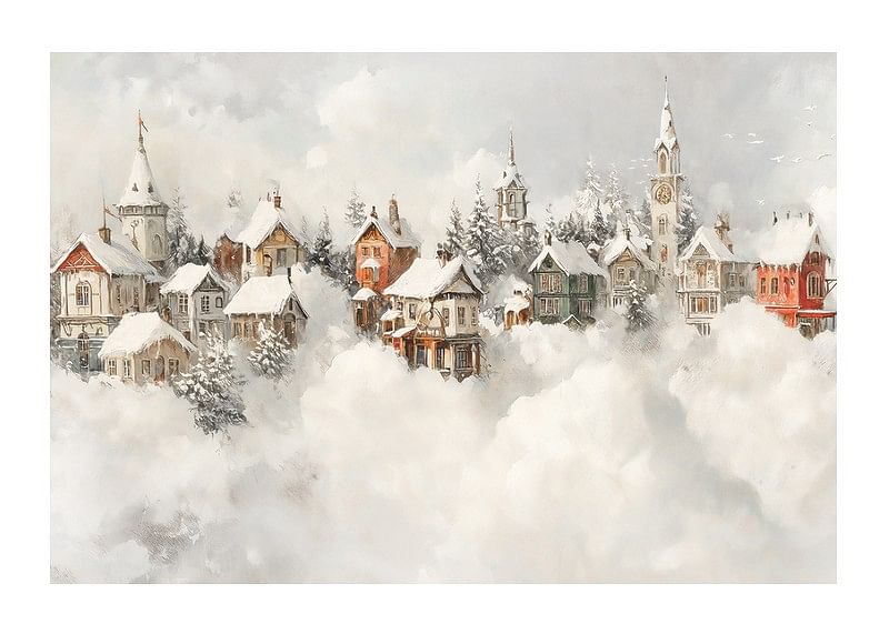 Une affiche représentant un village de conte de fées enneigé qui répand la magie de Noël et le charme nostalgique de l'hiver-12