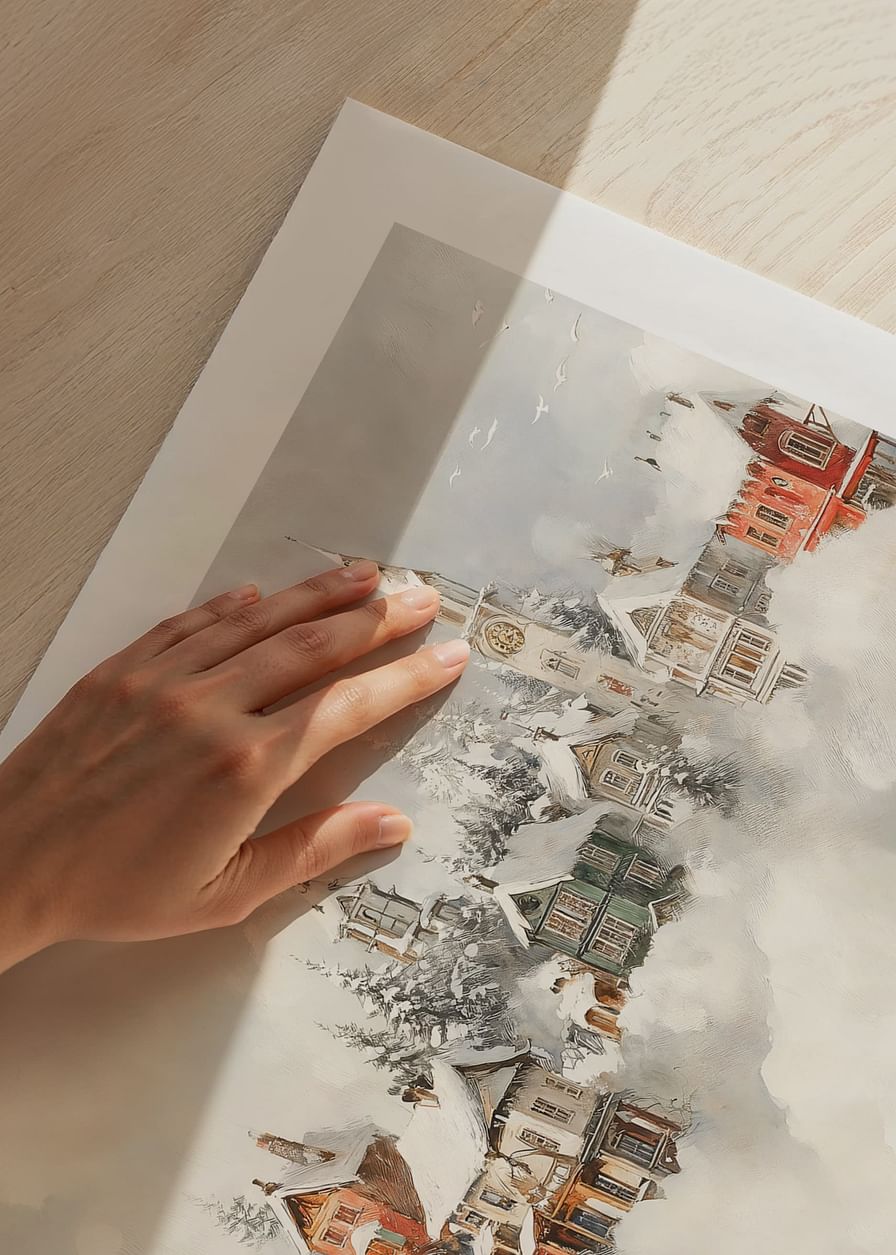 Une affiche représentant un village de conte de fées enneigé qui répand la magie de Noël et le charme nostalgique de l'hiver-12