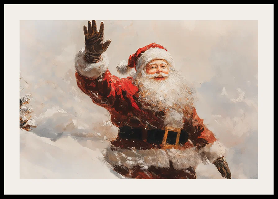 A poster with a waving, smiling Santa spreading warmth -12