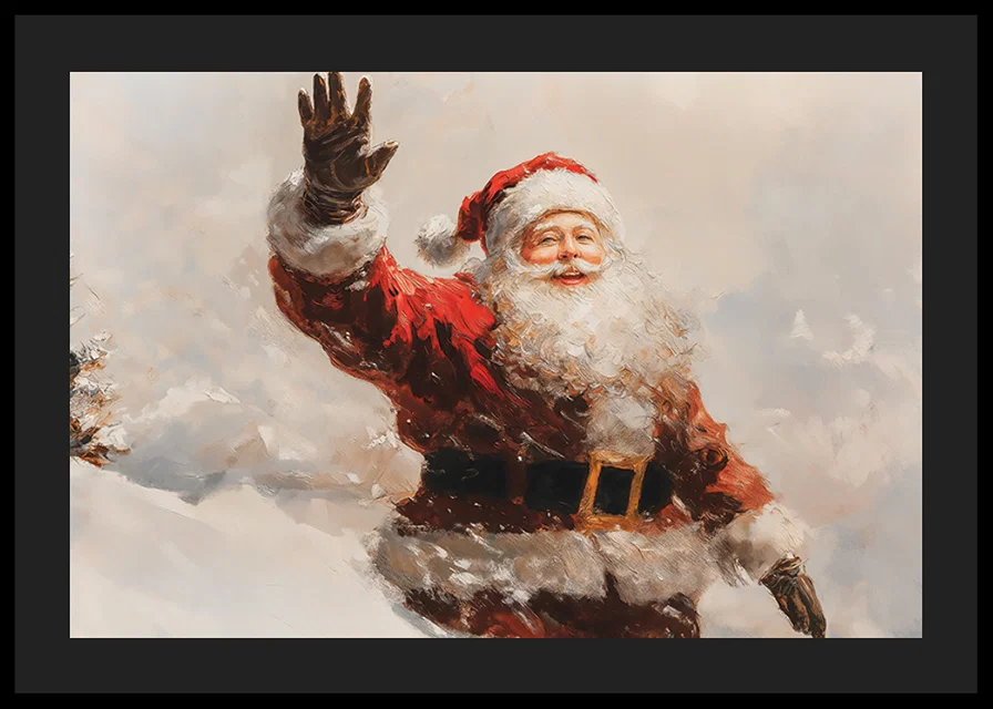 A poster with a waving, smiling Santa spreading warmth -12