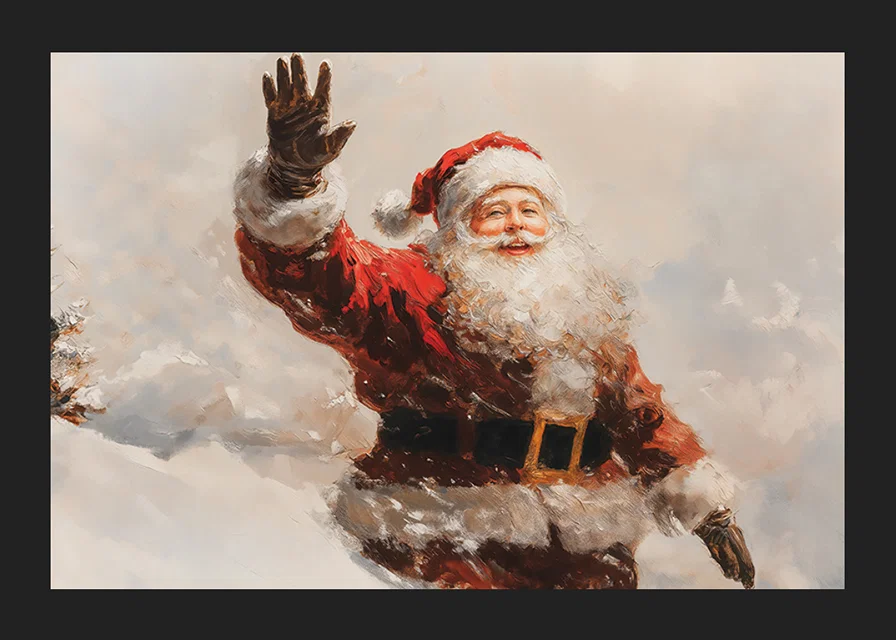 A poster with a waving, smiling Santa spreading warmth -12