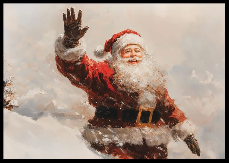 En plakat med en vinkende, smilende nisse som sprer varme -12