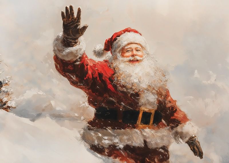 En plakat med en vinkende, smilende nisse som sprer varme -12