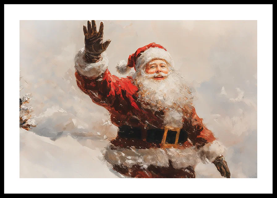 A poster with a waving, smiling Santa spreading warmth -12