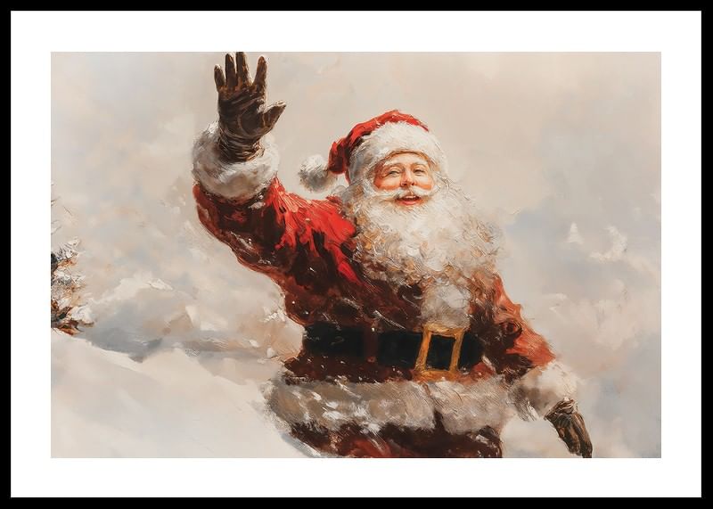 En plakat med en vinkende, smilende nisse som sprer varme -12