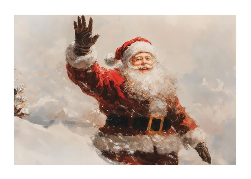 En plakat med en vinkende, smilende nisse som sprer varme -12