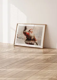 A poster with a waving, smiling Santa spreading warmth -8