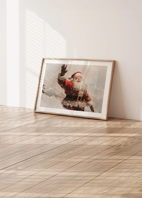 A poster with a waving, smiling Santa spreading warmth -12