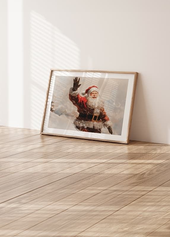 En plakat med en vinkende, smilende nisse som sprer varme -12