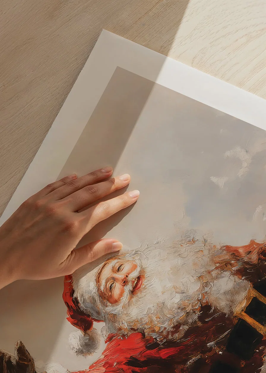 A poster with a waving, smiling Santa spreading warmth -12