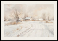 Plagát zobrazujúci idylickú zasneženú krajinu s očarujúcimi domami a kľukatou cestou-2