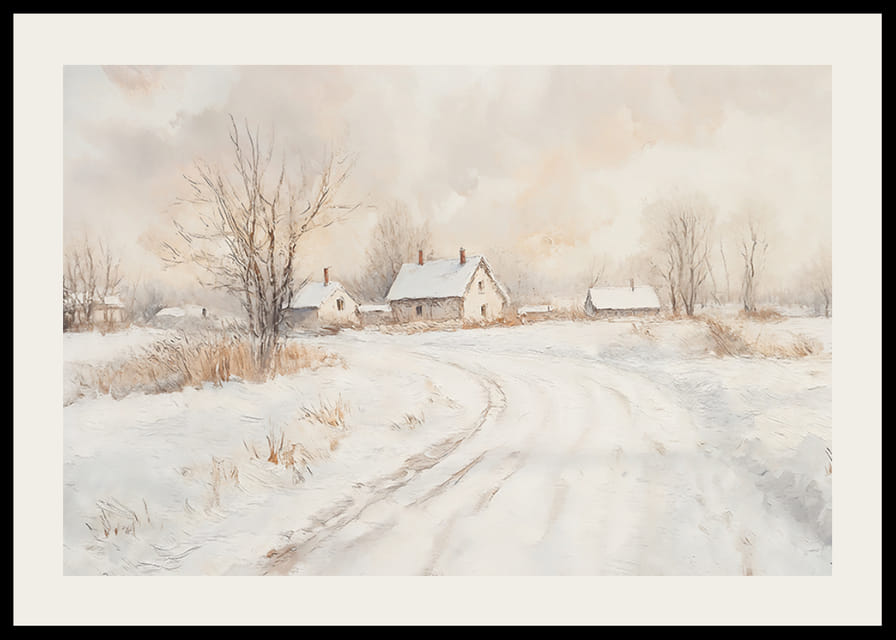 Plagát zobrazujúci idylickú zasneženú krajinu s očarujúcimi domami a kľukatou cestou-12