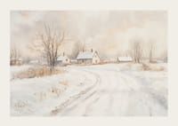 Plagát zobrazujúci idylickú zasneženú krajinu s očarujúcimi domami a kľukatou cestou-3