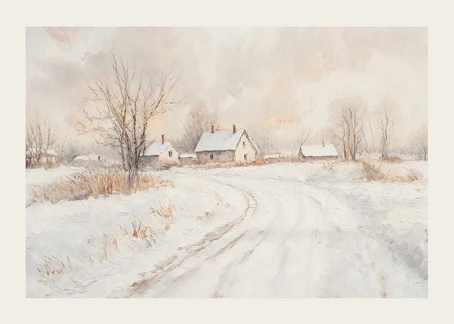 Plagát zobrazujúci idylickú zasneženú krajinu s očarujúcimi domami a kľukatou cestou-12