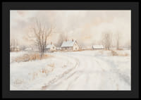 Plagát zobrazujúci idylickú zasneženú krajinu s očarujúcimi domami a kľukatou cestou-4