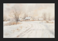 Plagát zobrazujúci idylickú zasneženú krajinu s očarujúcimi domami a kľukatou cestou-5