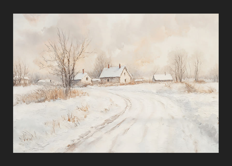 Plagát zobrazujúci idylickú zasneženú krajinu s očarujúcimi domami a kľukatou cestou-12