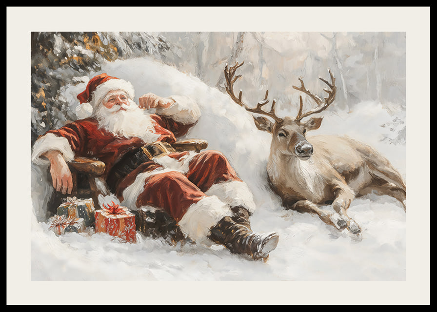 Een poster met de Kerstman en zijn rendieren in een vredig winterlandschap-12