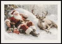 Un cartel que muestra a Papá Noel y sus renos en un tranquilo paisaje invernal.-2