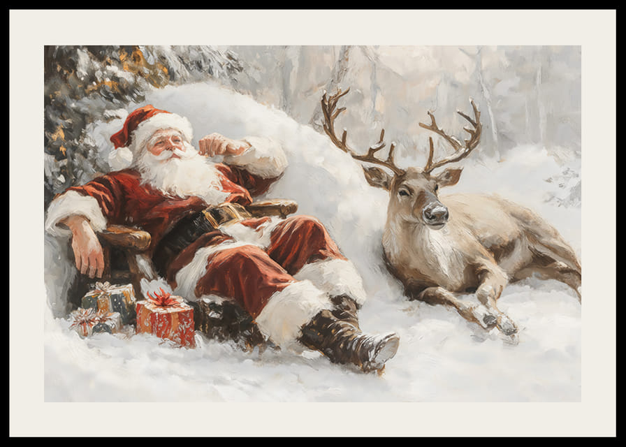 Un cartel que muestra a Papá Noel y sus renos en un tranquilo paisaje invernal.-12