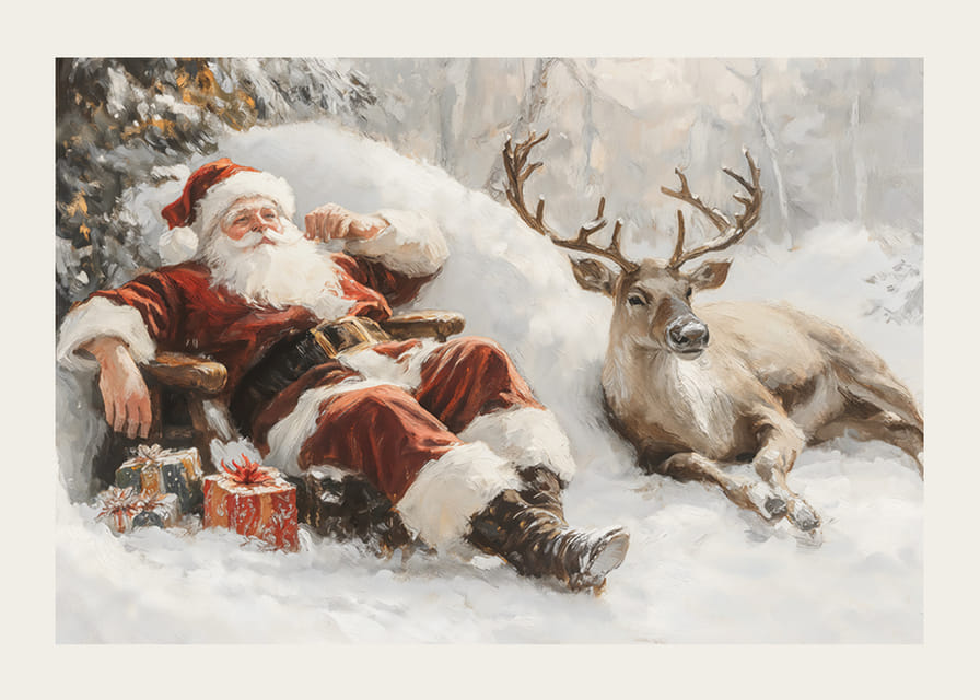 Un cartel que muestra a Papá Noel y sus renos en un tranquilo paisaje invernal.-12