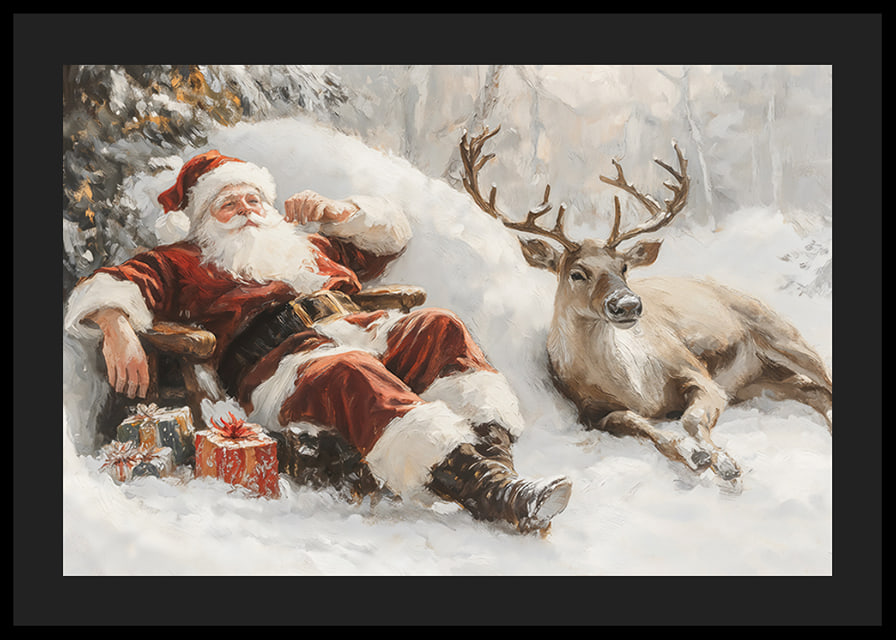 Een poster met de Kerstman en zijn rendieren in een vredig winterlandschap-12