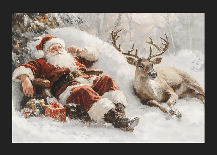 Un cartel que muestra a Papá Noel y sus renos en un tranquilo paisaje invernal.-12