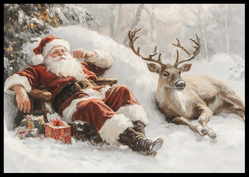 Een poster met de Kerstman en zijn rendieren in een vredig winterlandschap-12